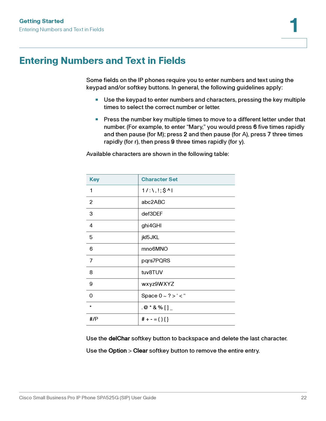 Cisco Systems SPA525G manual Entering Numbers and Text in Fields, Key Character Set 