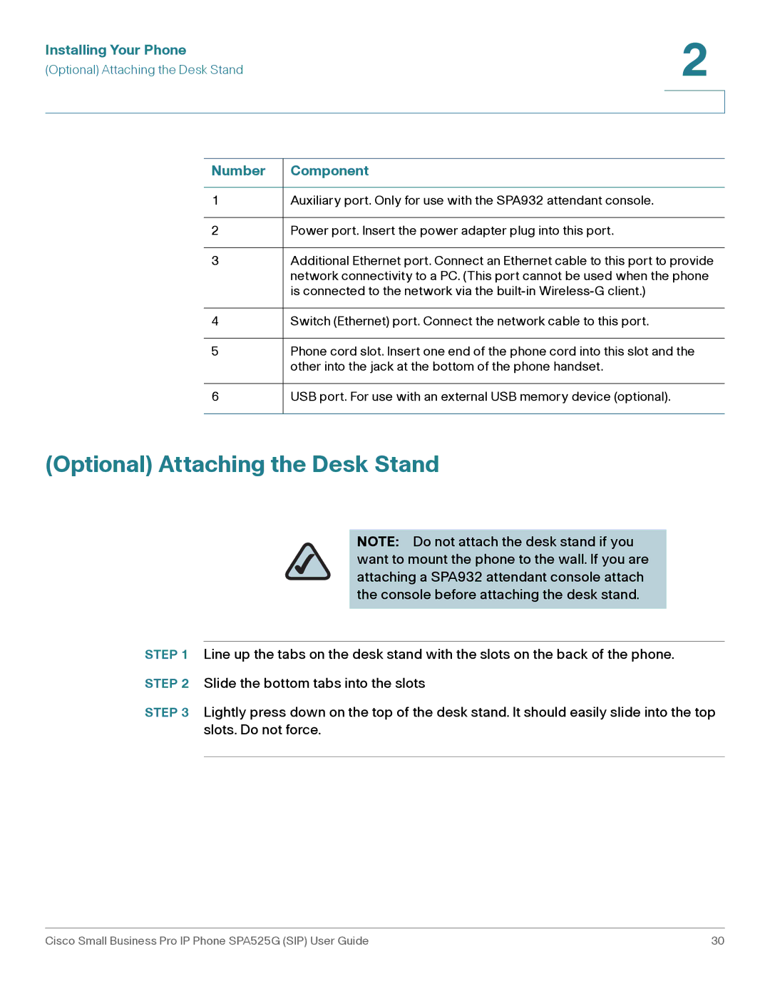 Cisco Systems SPA525G manual Optional Attaching the Desk Stand, Number Component 