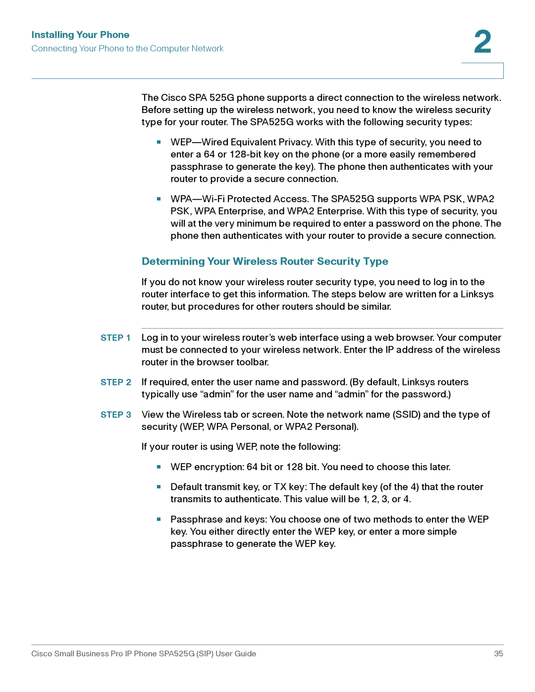 Cisco Systems SPA525G manual Determining Your Wireless Router Security Type 