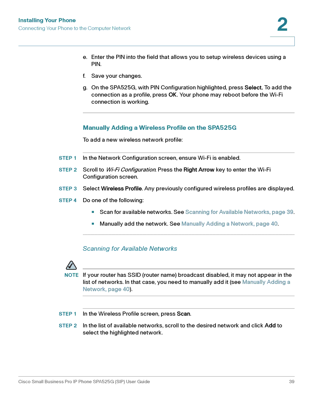 Cisco Systems manual Manually Adding a Wireless Profile on the SPA525G, Scanning for Available Networks 