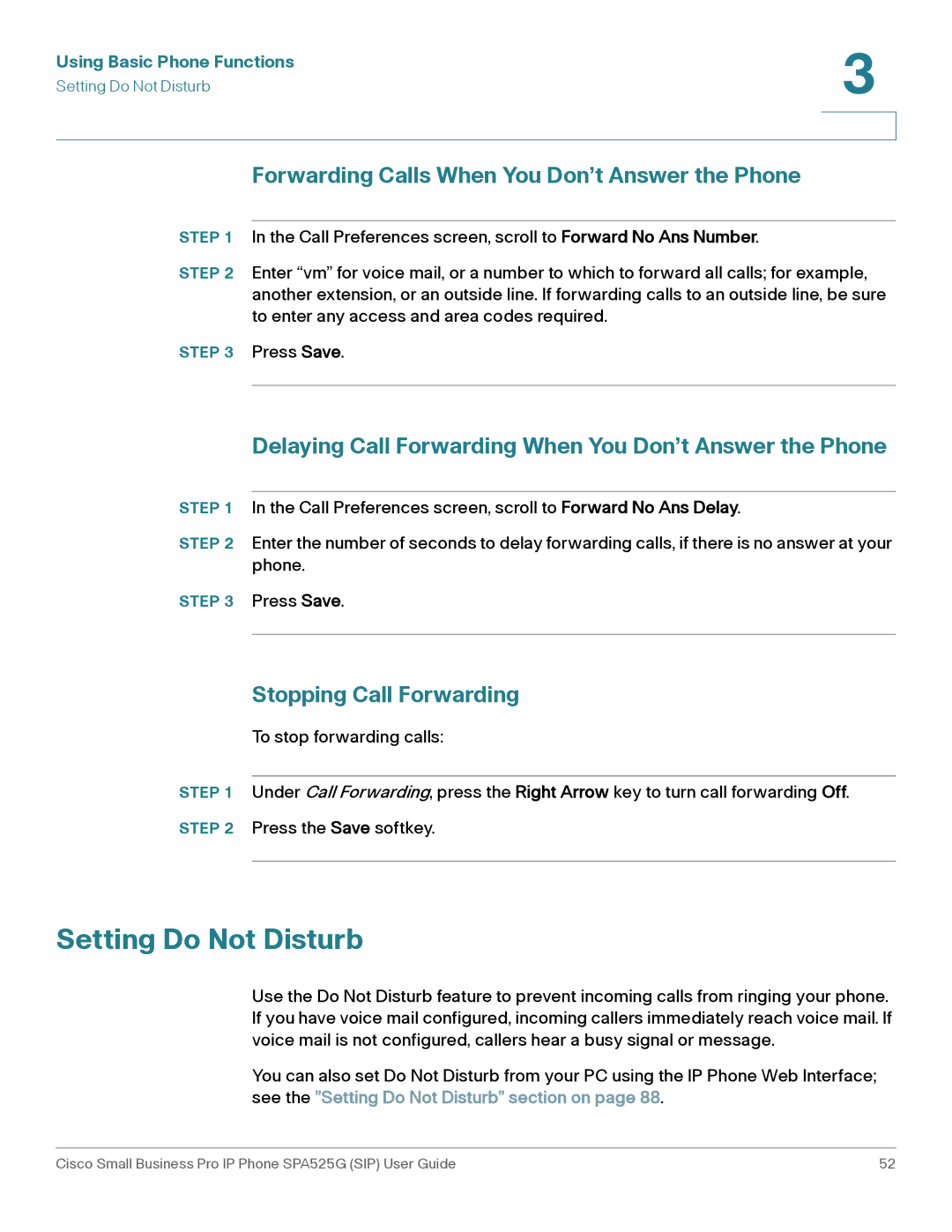 Cisco Systems SPA525G Setting Do Not Disturb, Forwarding Calls When You Don’t Answer the Phone, Stopping Call Forwarding 