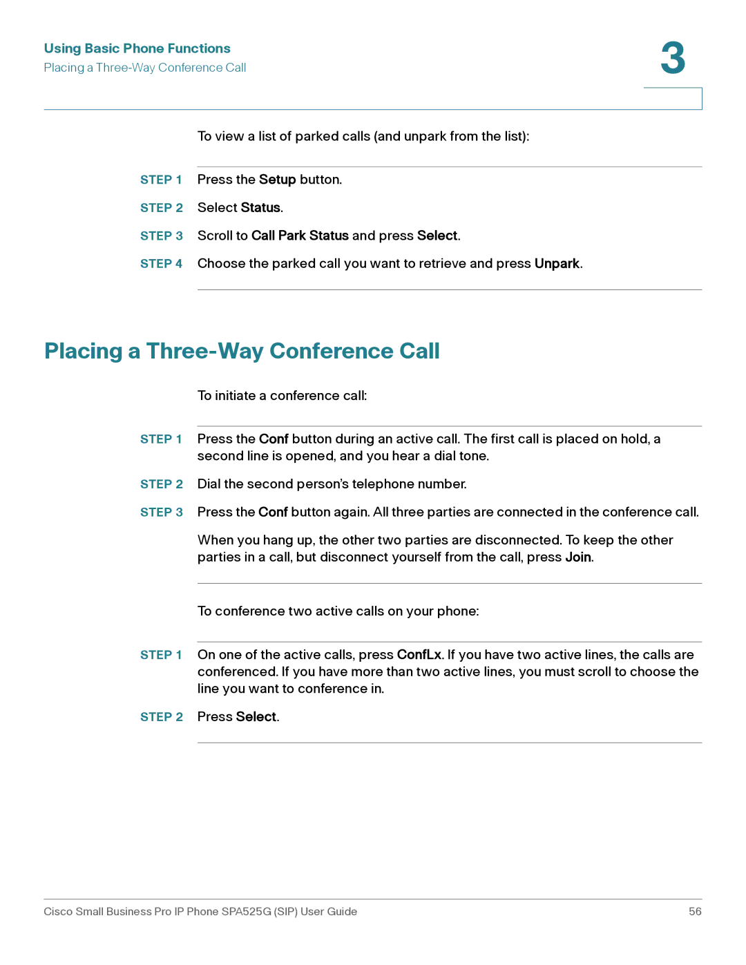 Cisco Systems SPA525G manual Placing a Three-Way Conference Call, Scroll to Call Park Status and press Select 