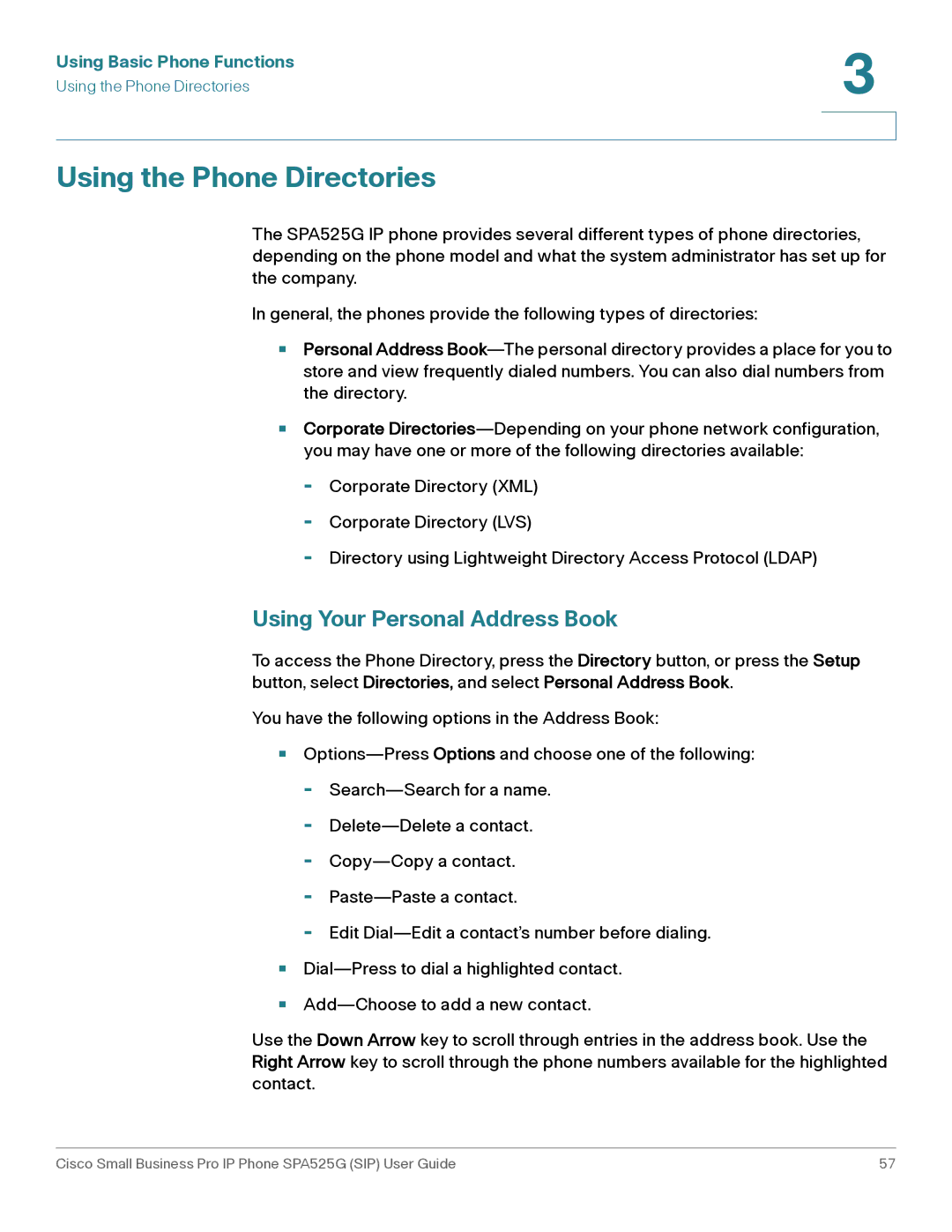 Cisco Systems SPA525G manual Using the Phone Directories, Using Your Personal Address Book 