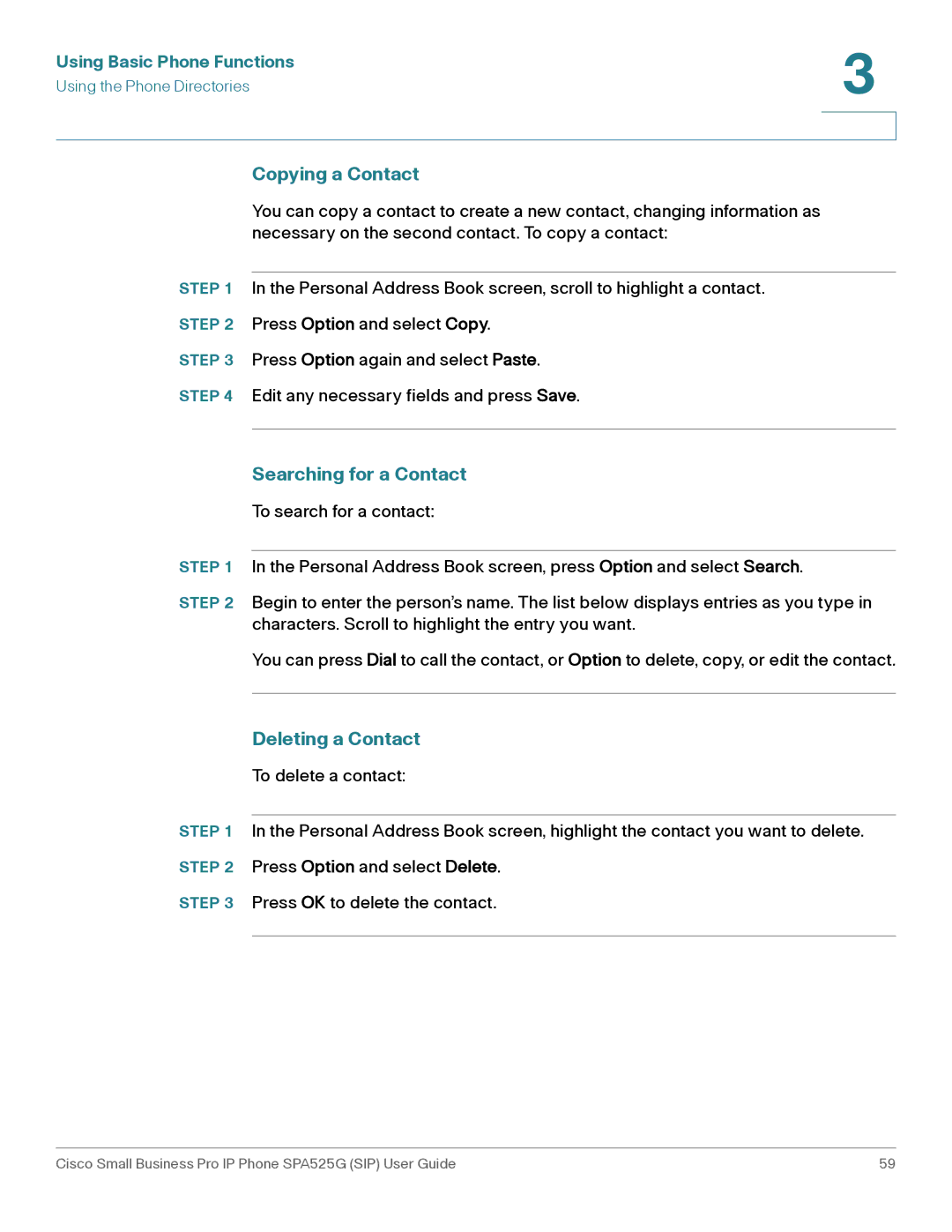 Cisco Systems SPA525G manual Copying a Contact, Searching for a Contact, Deleting a Contact 