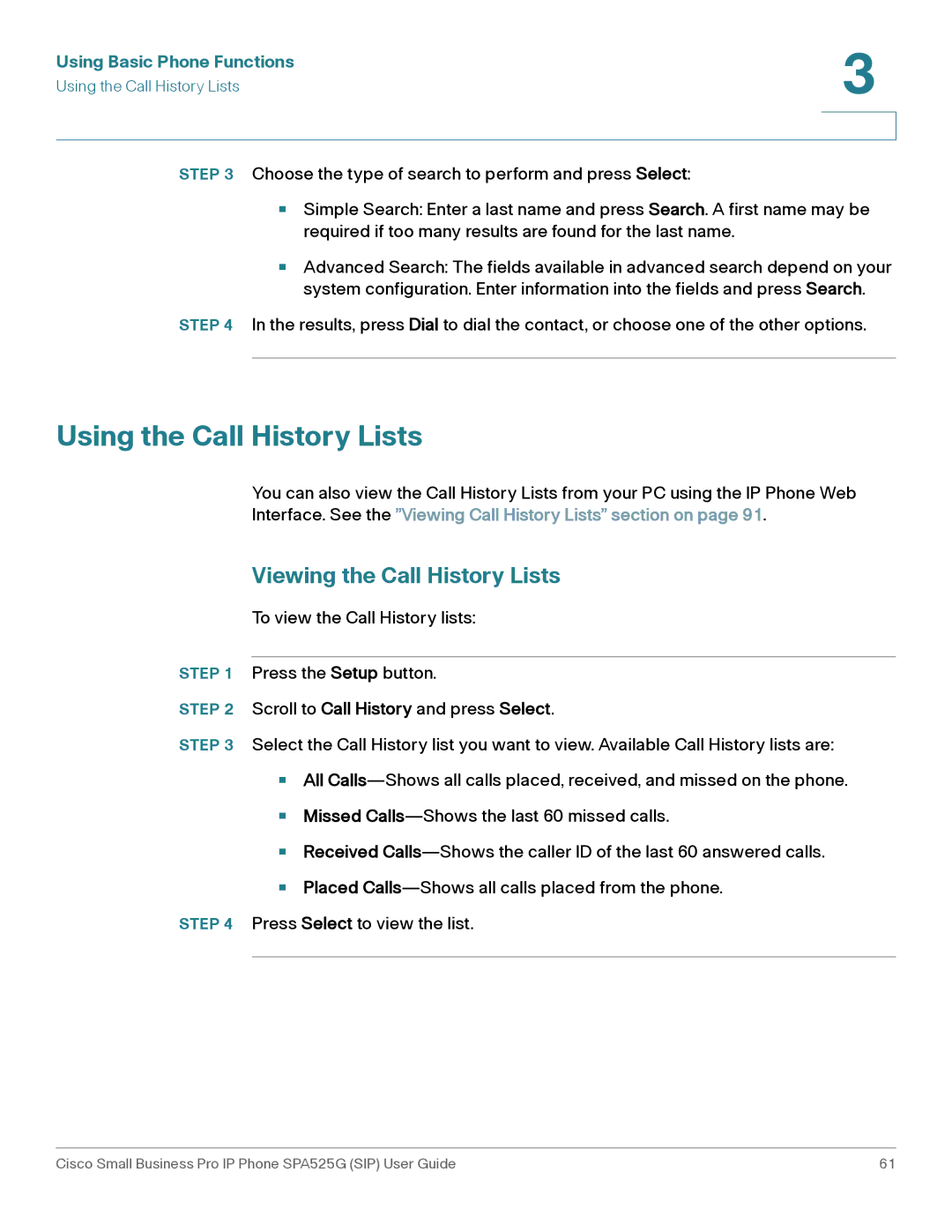 Cisco Systems SPA525G manual Using the Call History Lists, Viewing the Call History Lists 