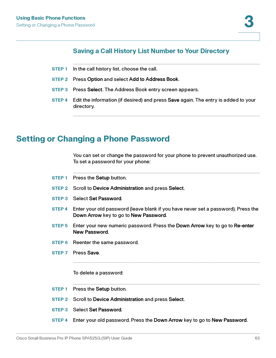 Cisco Systems SPA525G manual Setting or Changing a Phone Password, Saving a Call History List Number to Your Directory 