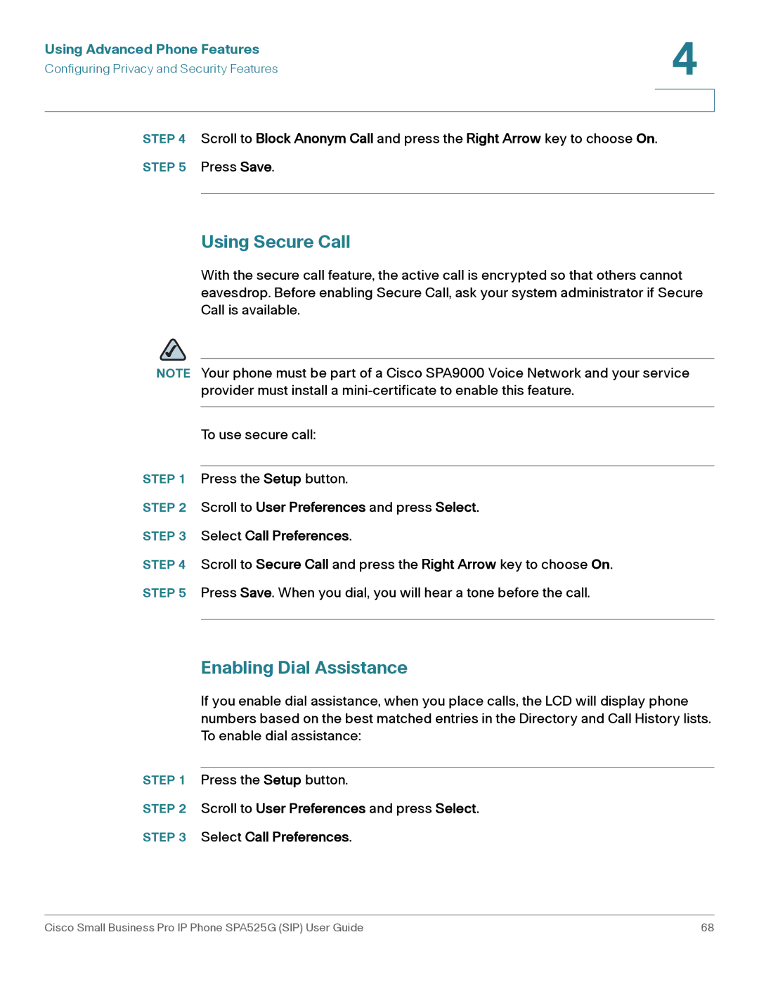 Cisco Systems SPA525G manual Using Secure Call, Enabling Dial Assistance 