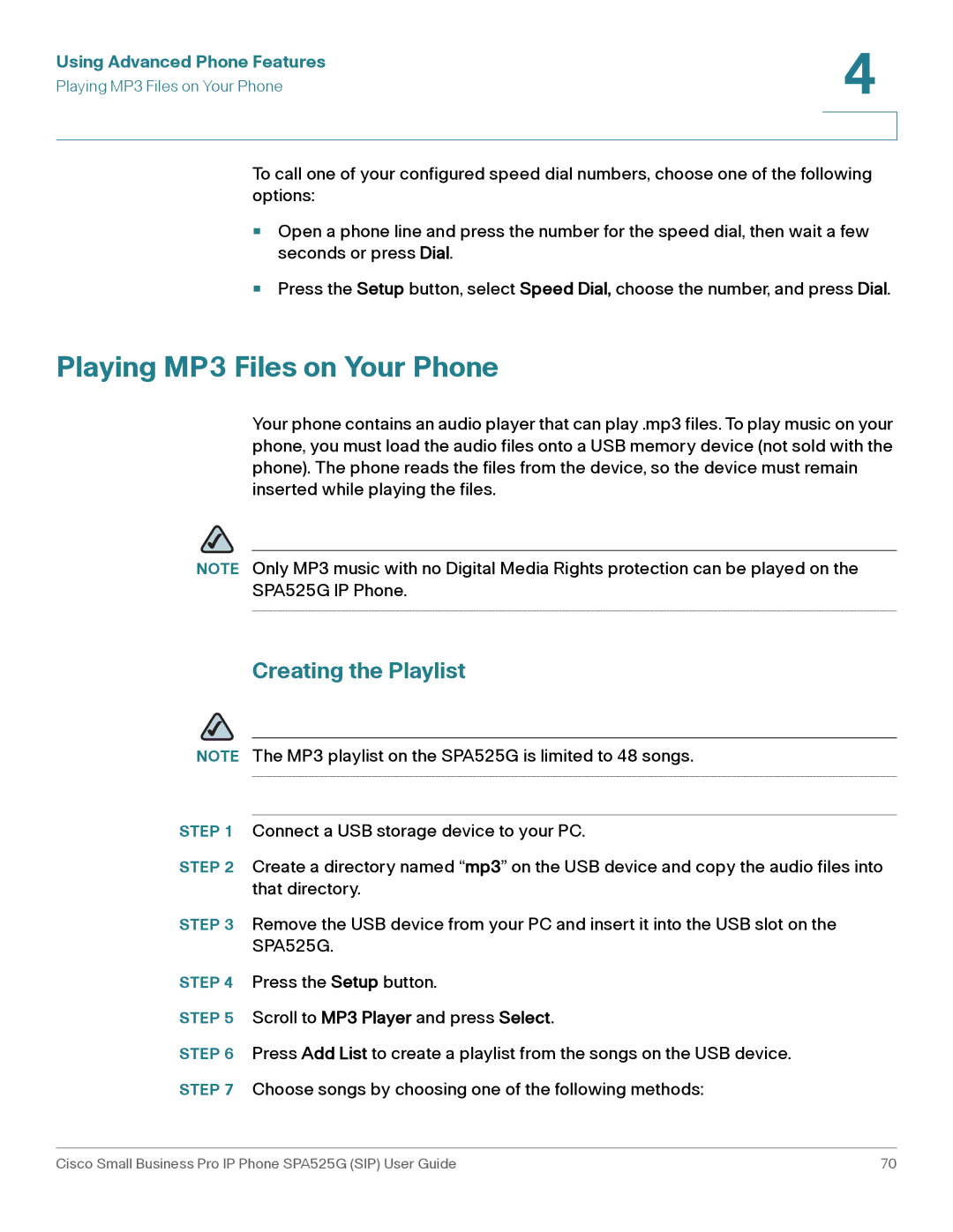 Cisco Systems SPA525G manual Playing MP3 Files on Your Phone, Creating the Playlist 