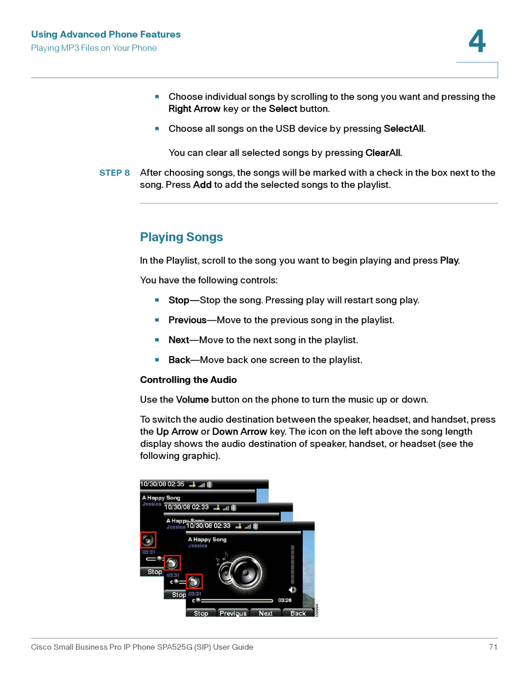 Cisco Systems SPA525G manual Playing Songs, Controlling the Audio 