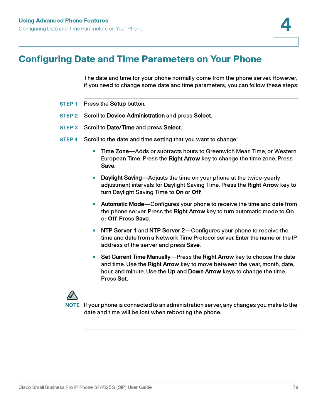 Cisco Systems SPA525G Configuring Date and Time Parameters on Your Phone, Scroll to Device Administration and press Select 