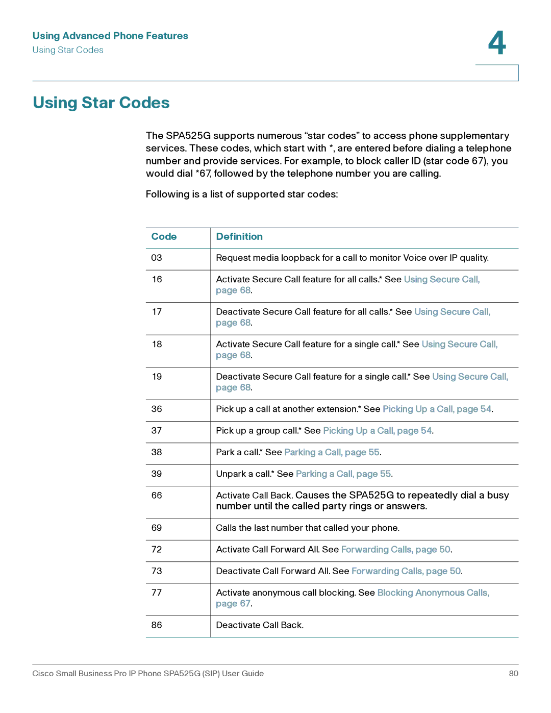 Cisco Systems SPA525G manual Using Star Codes, Code Definition 