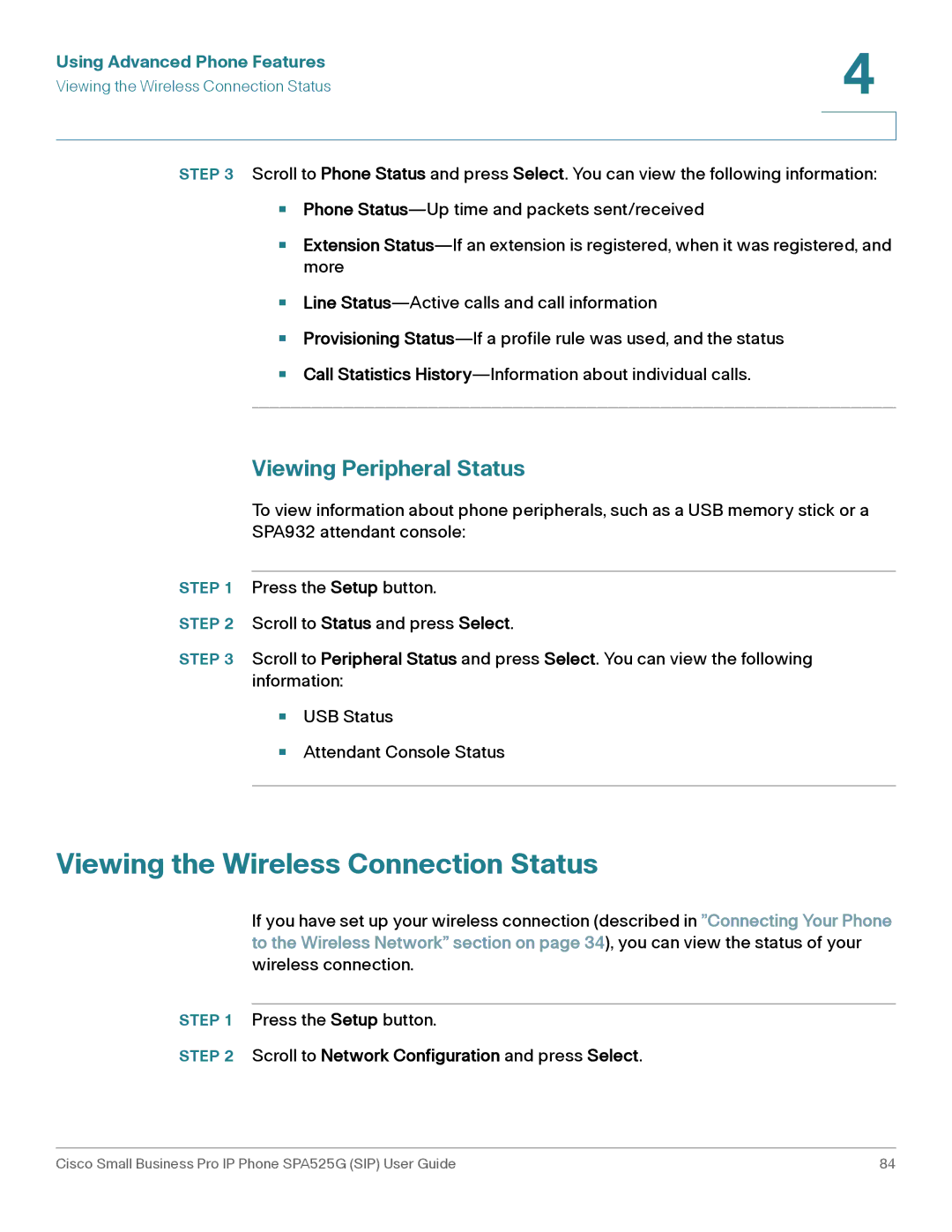 Cisco Systems SPA525G manual Viewing the Wireless Connection Status, Viewing Peripheral Status 