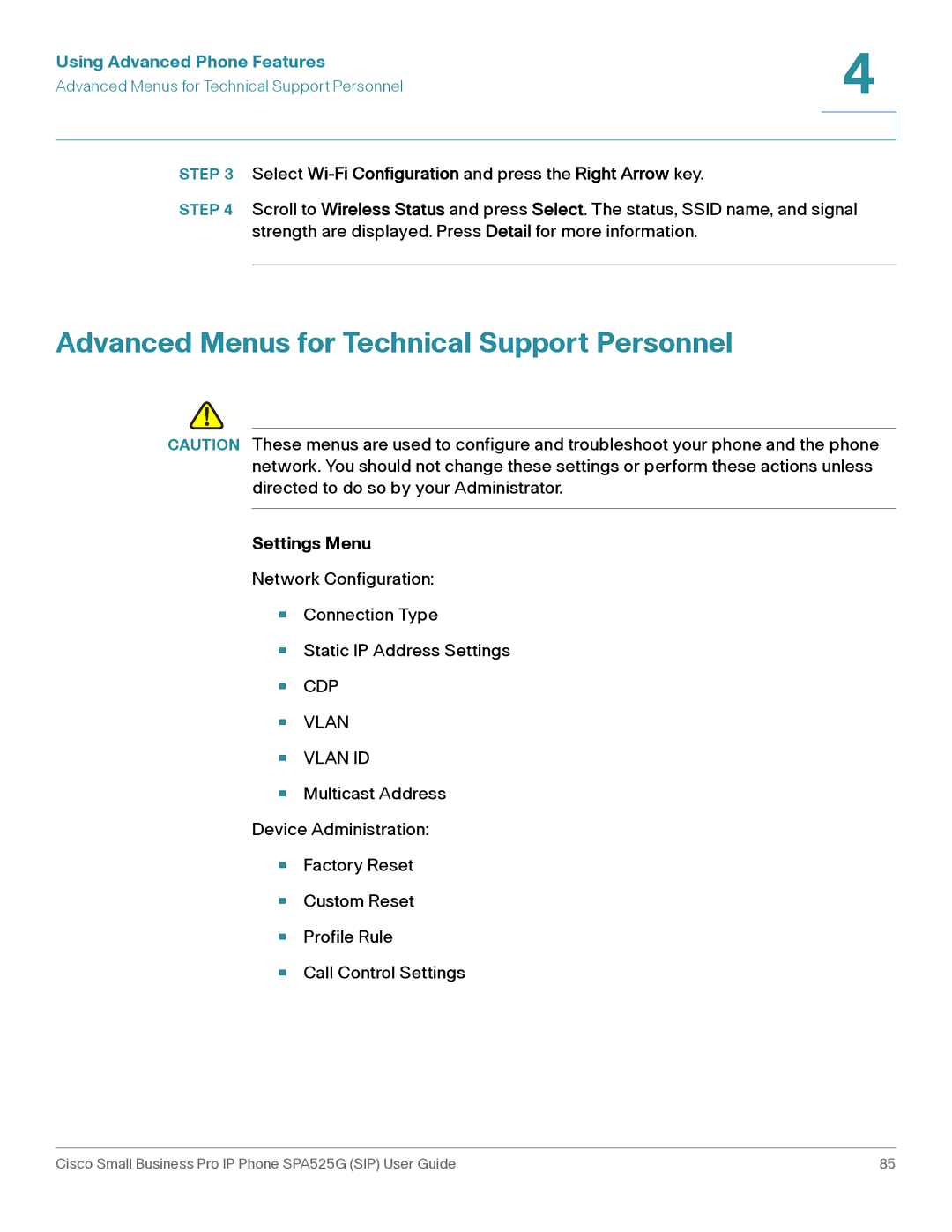 Cisco Systems SPA525G manual Advanced Menus for Technical Support Personnel, Settings Menu 