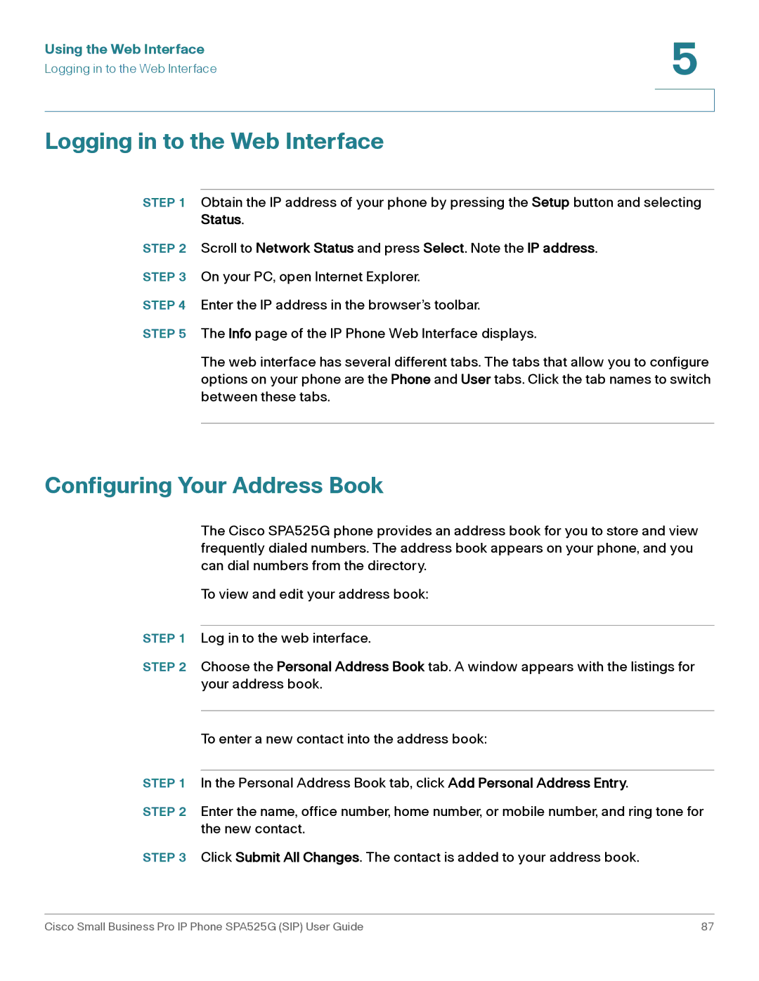 Cisco Systems SPA525G manual Logging in to the Web Interface, Configuring Your Address Book 