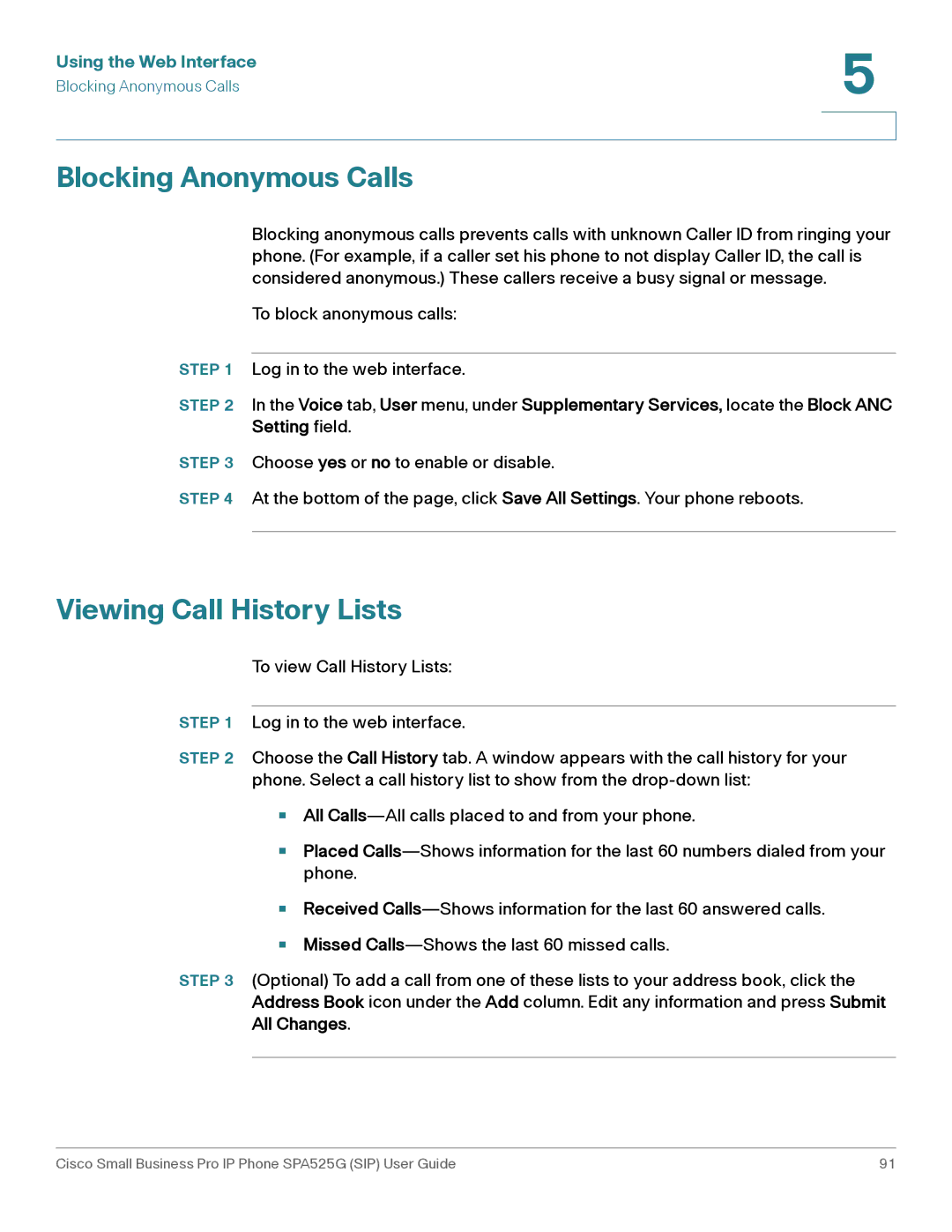 Cisco Systems SPA525G manual Blocking Anonymous Calls, Viewing Call History Lists 