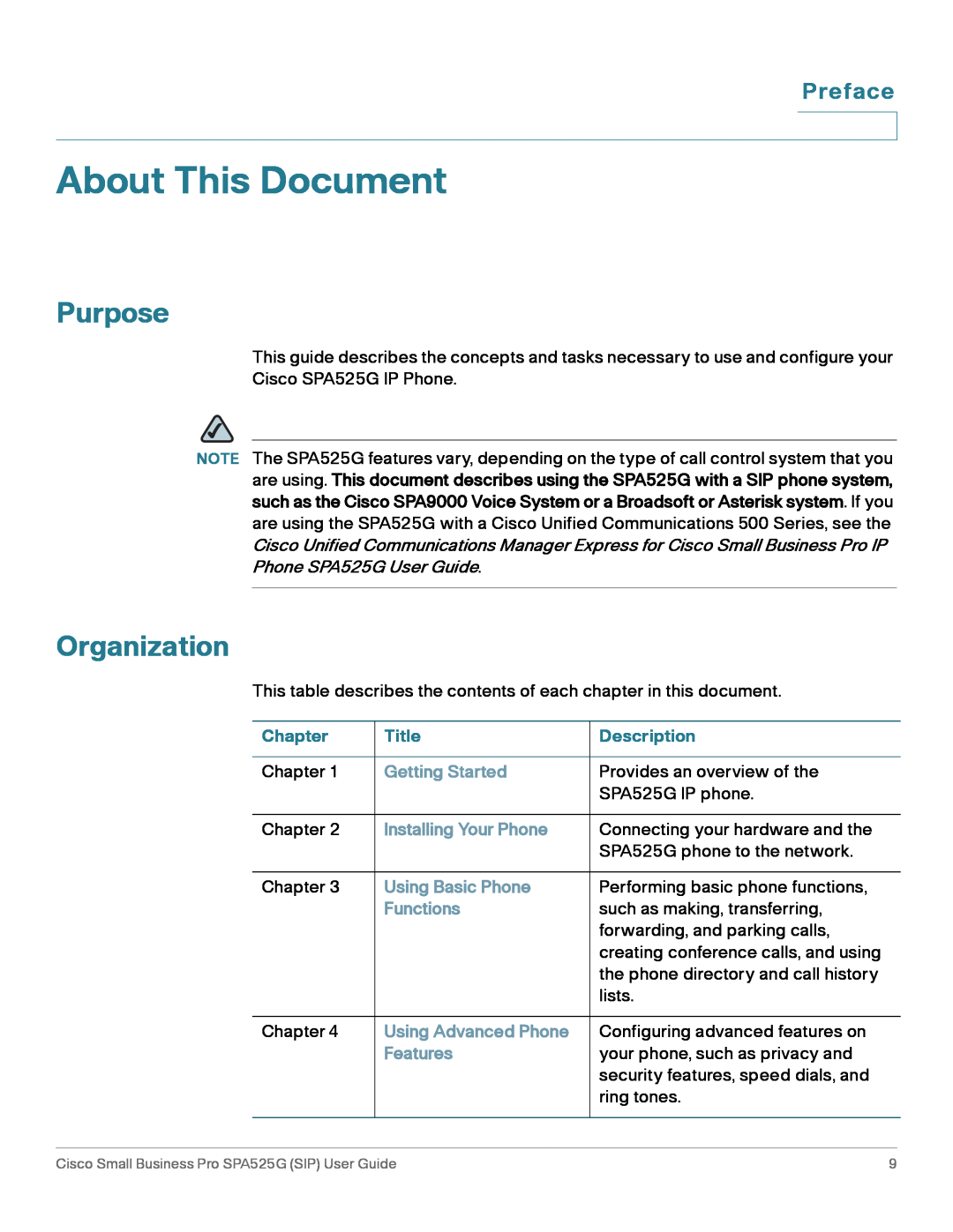 Cisco Systems SPA525G manual About This Document, Purpose, Organization, Preface, Chapter, Title, Description 