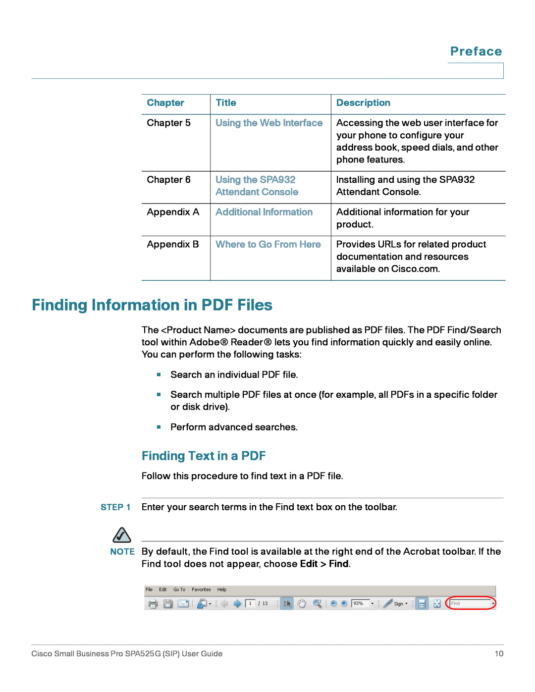 Cisco Systems SPA525G manual Finding Information in PDF Files, Finding Text in a PDF, Preface, Chapter, Title, Description 