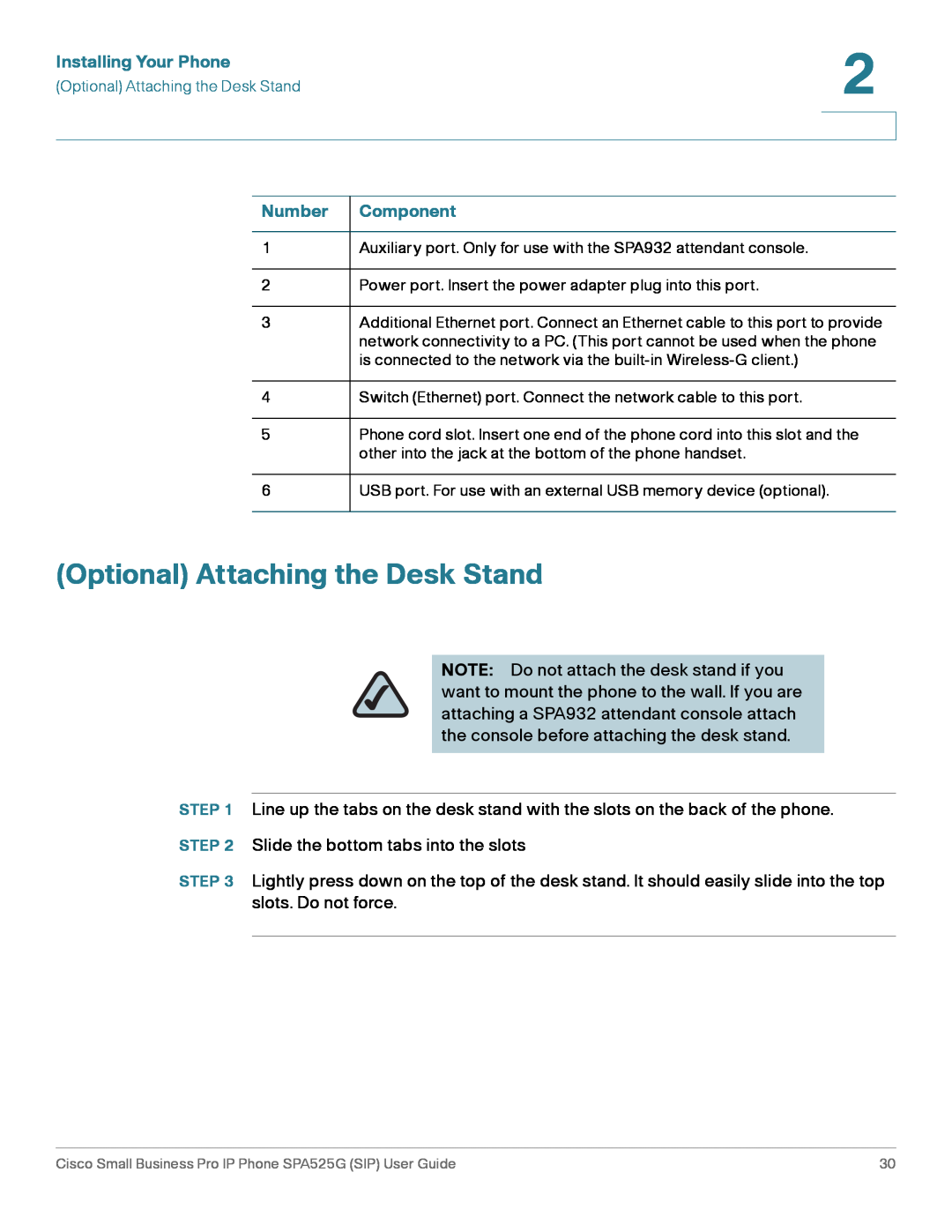 Cisco Systems SPA525G manual Optional Attaching the Desk Stand, Installing Your Phone, Number Component 