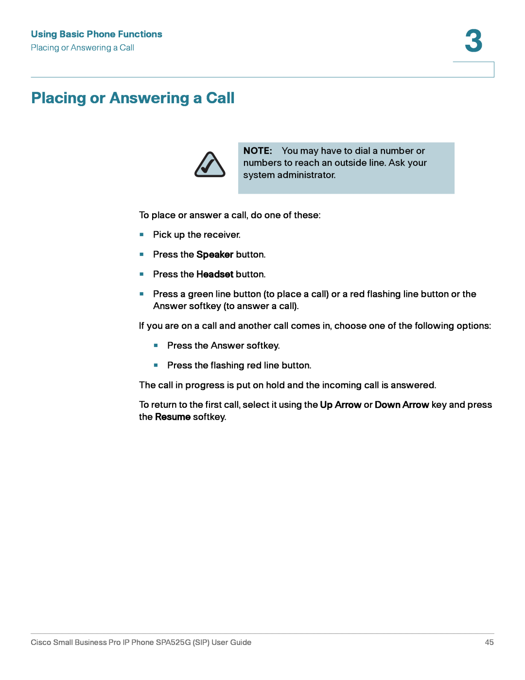 Cisco Systems SPA525G manual Placing or Answering a Call, Using Basic Phone Functions 