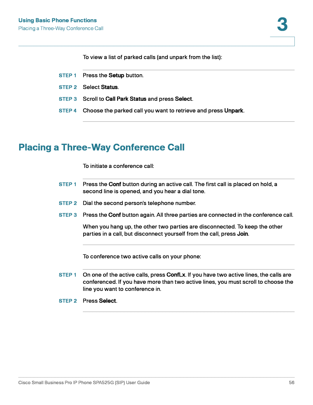 Cisco Systems SPA525G manual Placing a Three-Way Conference Call, Using Basic Phone Functions 