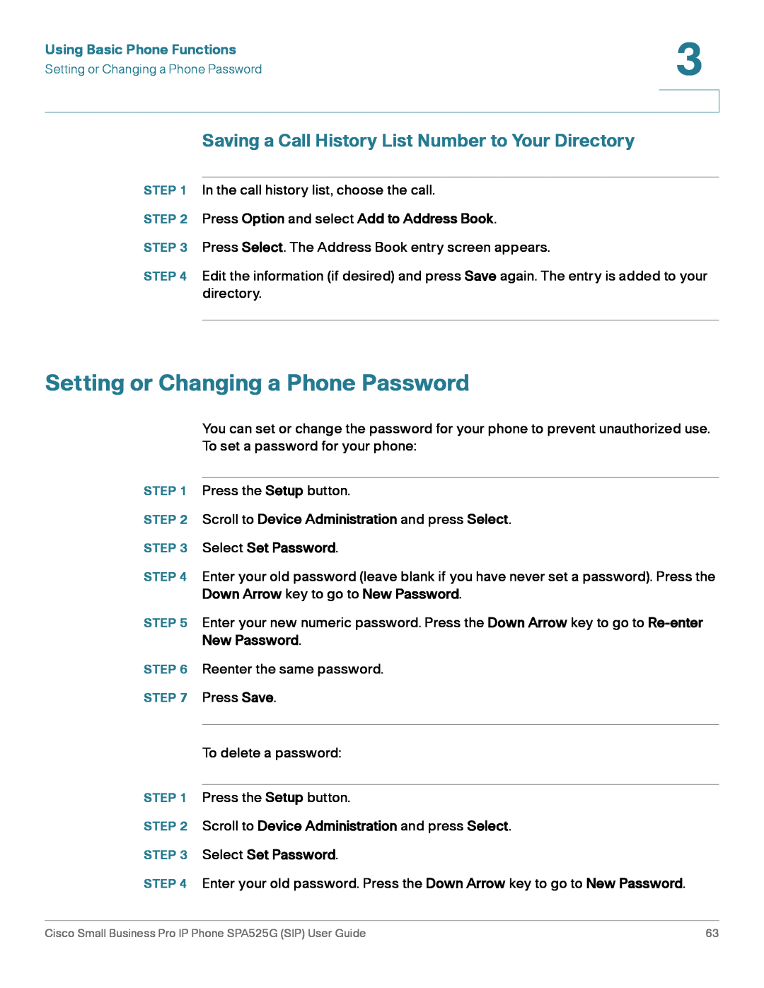 Cisco Systems SPA525G manual Setting or Changing a Phone Password, Saving a Call History List Number to Your Directory 