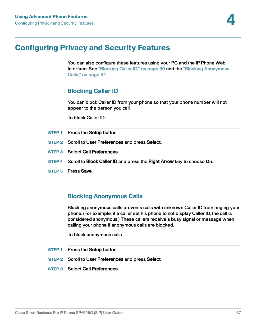 Cisco Systems SPA525G manual Configuring Privacy and Security Features, Blocking Caller ID, Blocking Anonymous Calls 