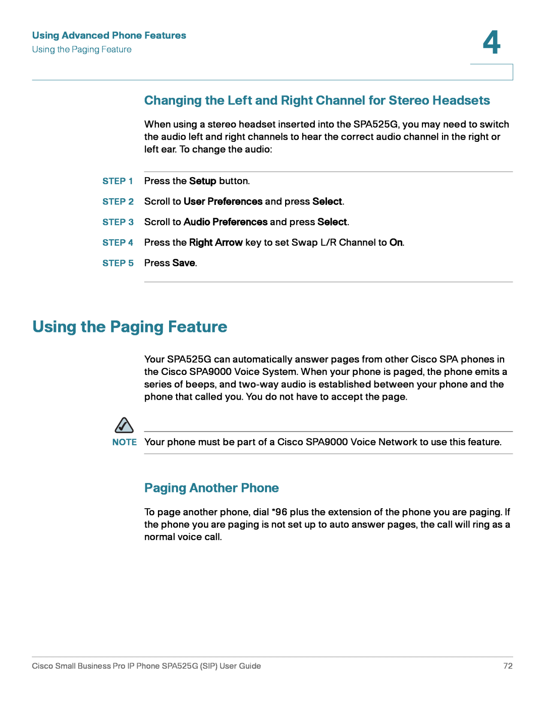 Cisco Systems SPA525G manual Using the Paging Feature, Changing the Left and Right Channel for Stereo Headsets 