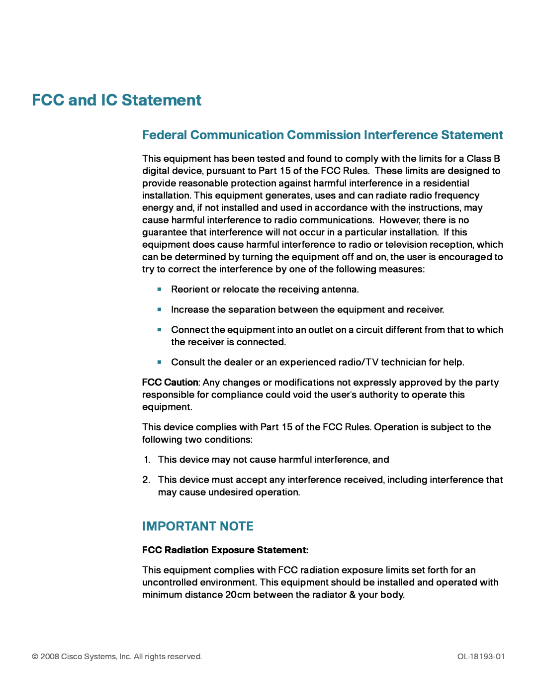 Cisco Systems SPA525G manual FCC and IC Statement, Federal Communication Commission Interference Statement, Important Note 