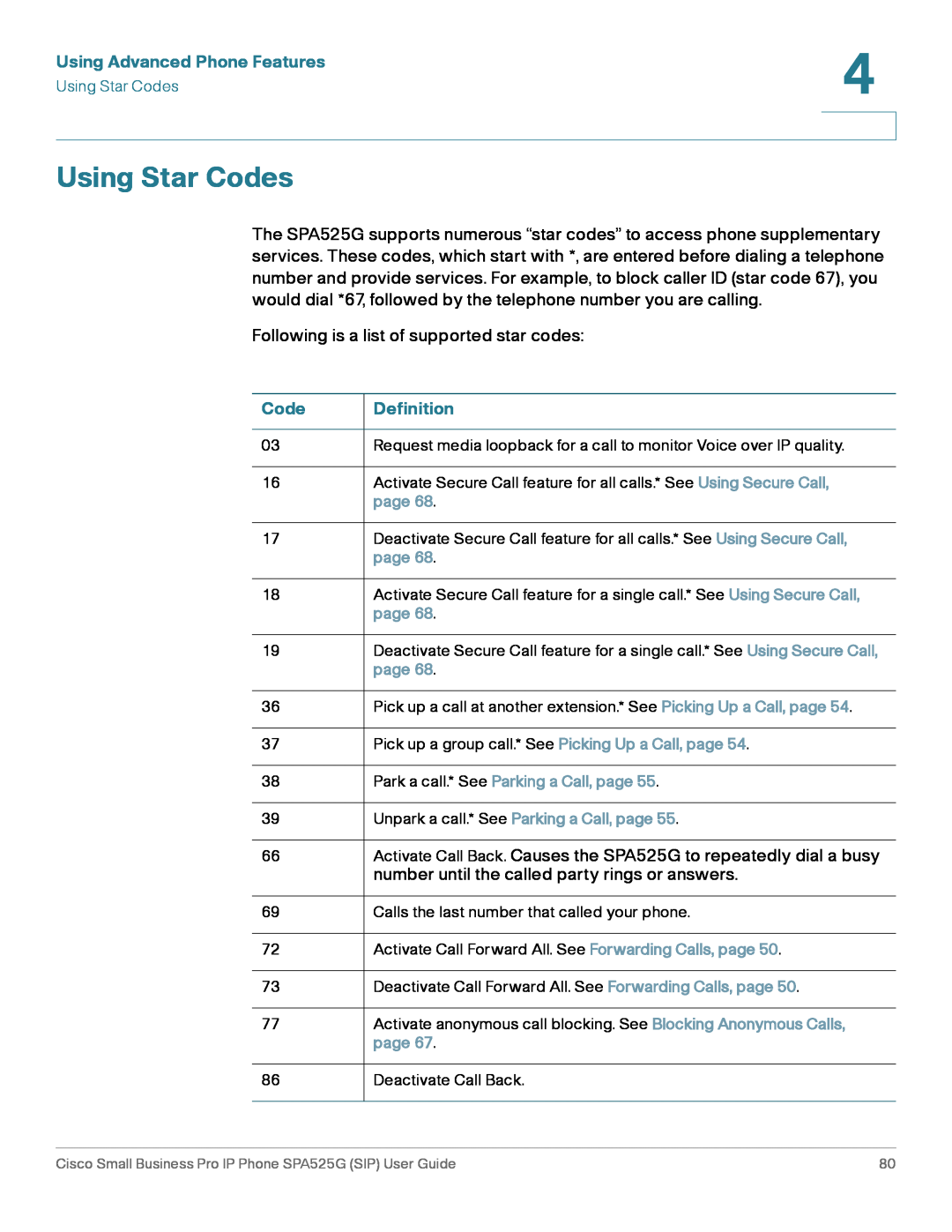 Cisco Systems SPA525G manual Using Star Codes, Using Advanced Phone Features, Definition 
