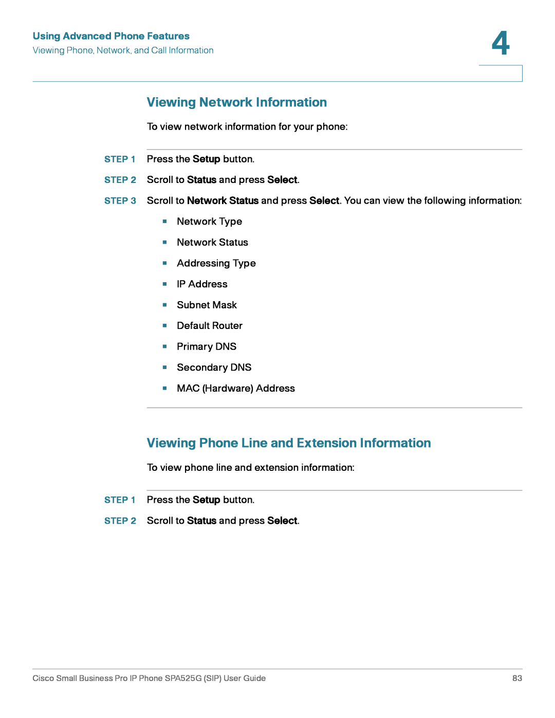 Cisco Systems SPA525G manual Viewing Network Information, Viewing Phone Line and Extension Information 