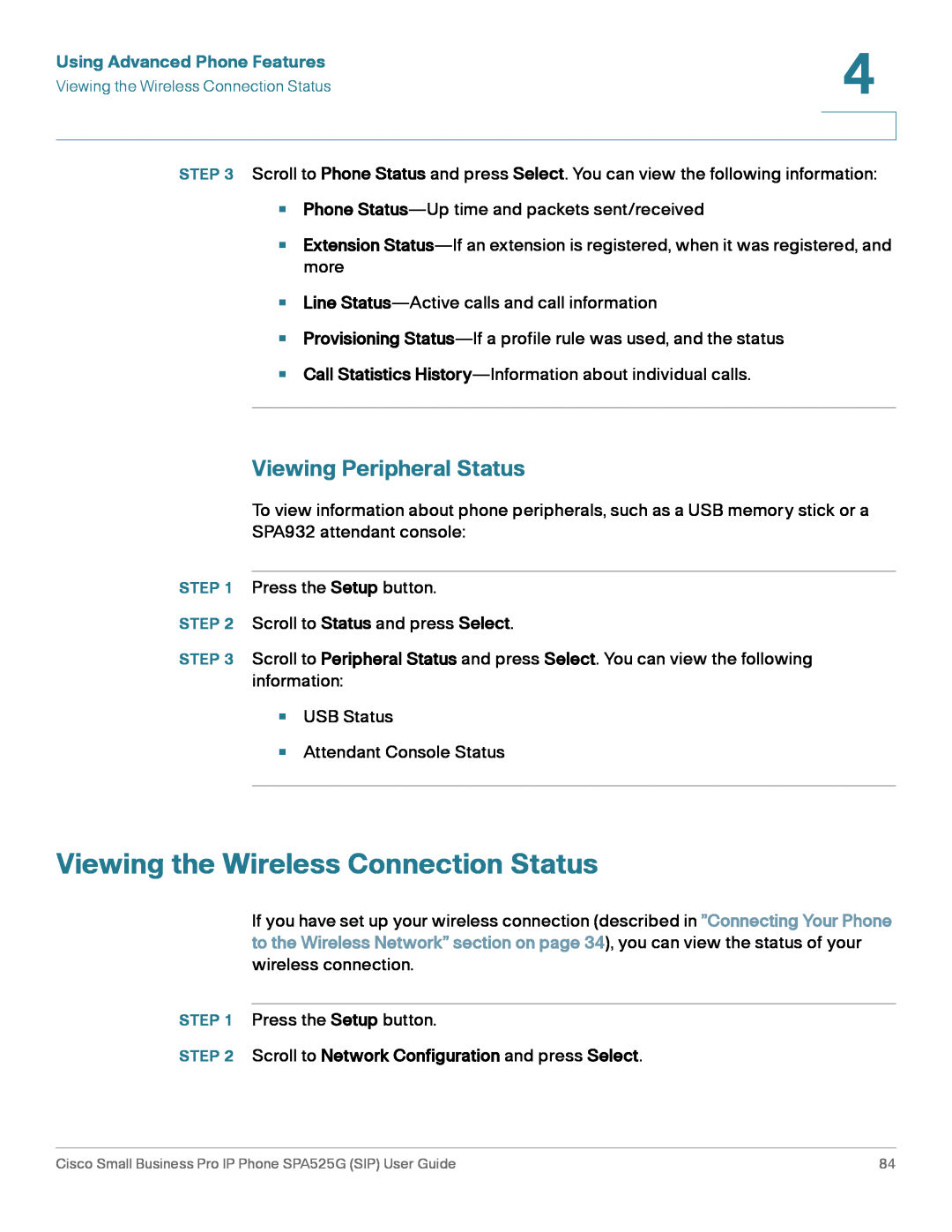 Cisco Systems SPA525G Viewing the Wireless Connection Status, Viewing Peripheral Status, Using Advanced Phone Features 