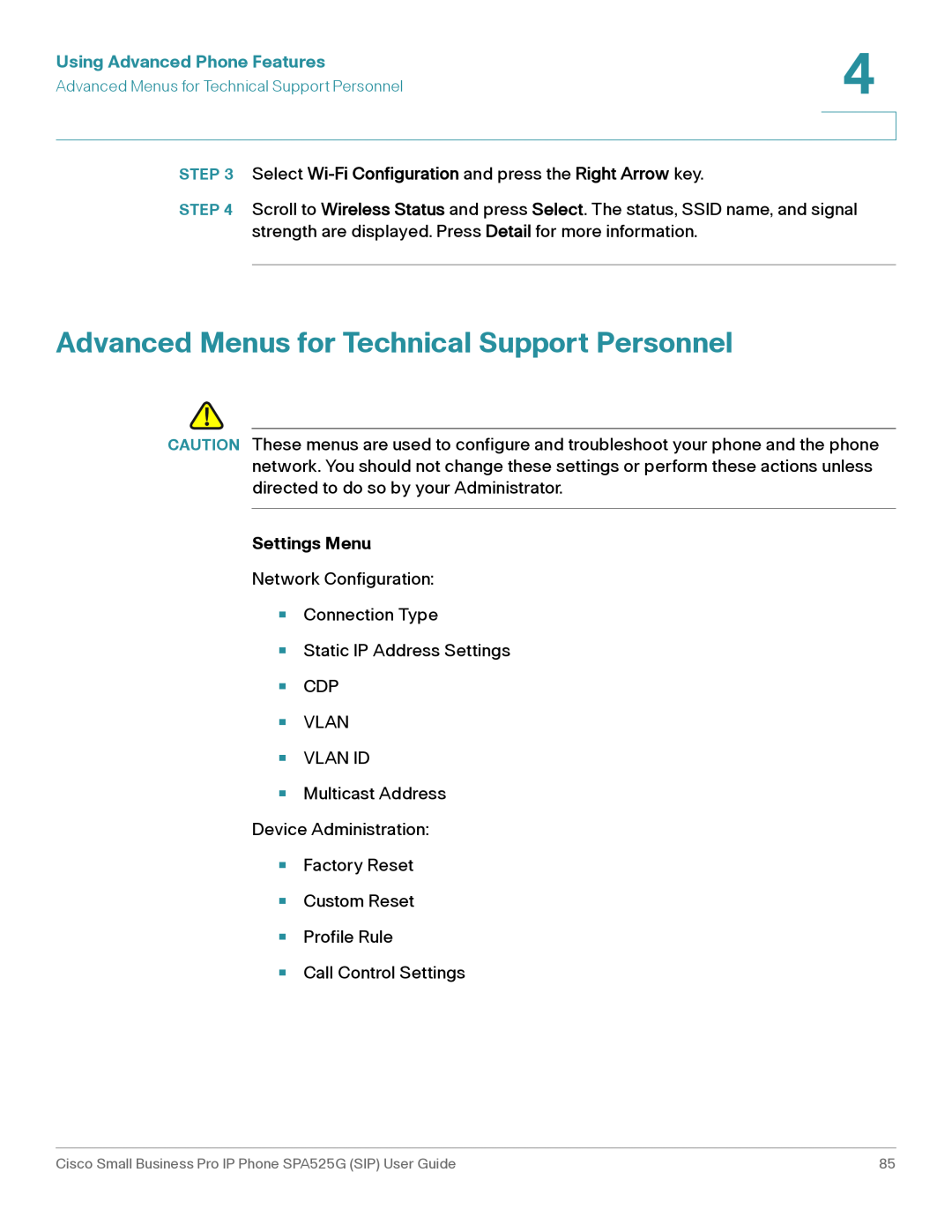Cisco Systems SPA525G manual Advanced Menus for Technical Support Personnel, Using Advanced Phone Features, Settings Menu 