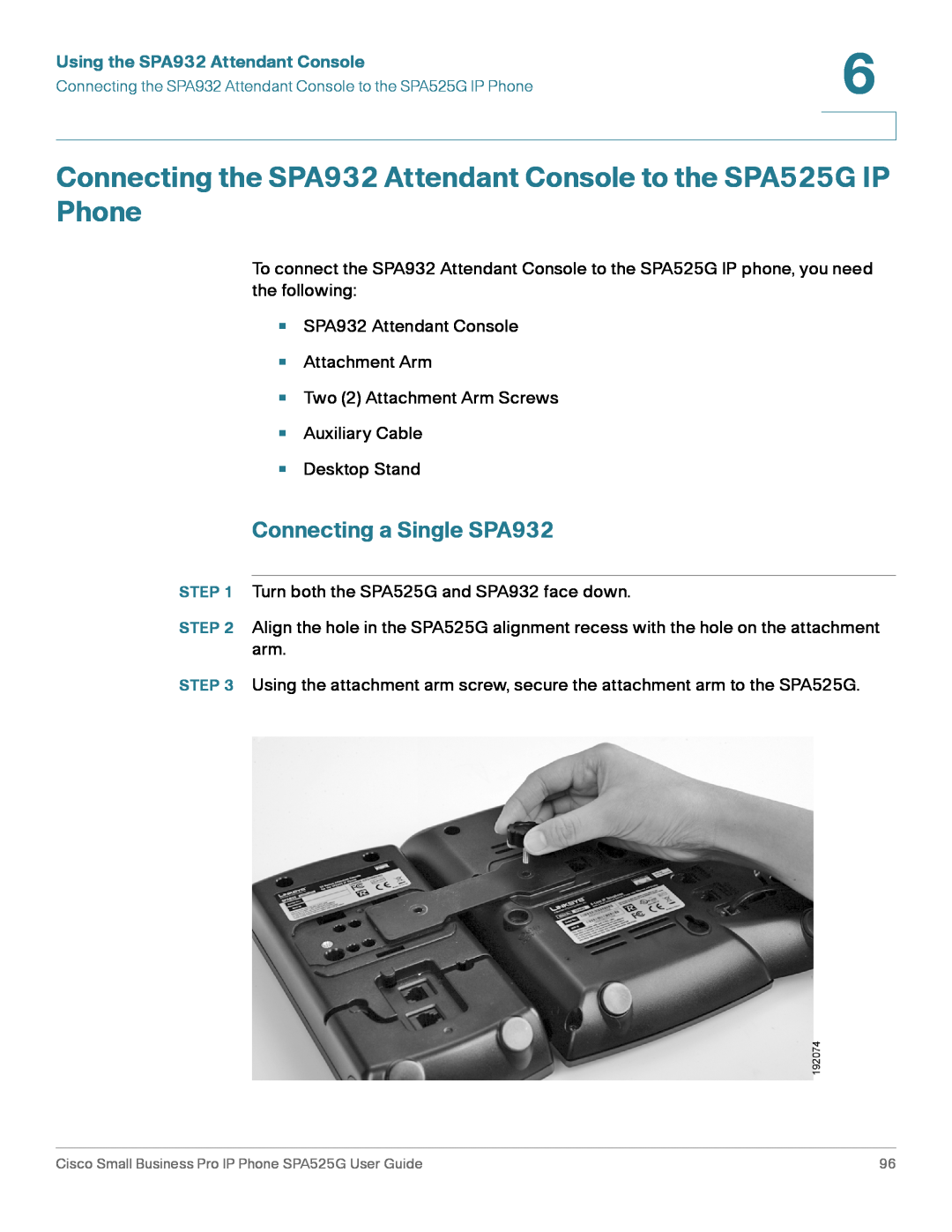 Cisco Systems manual Connecting the SPA932 Attendant Console to the SPA525G IP Phone, Connecting a Single SPA932 