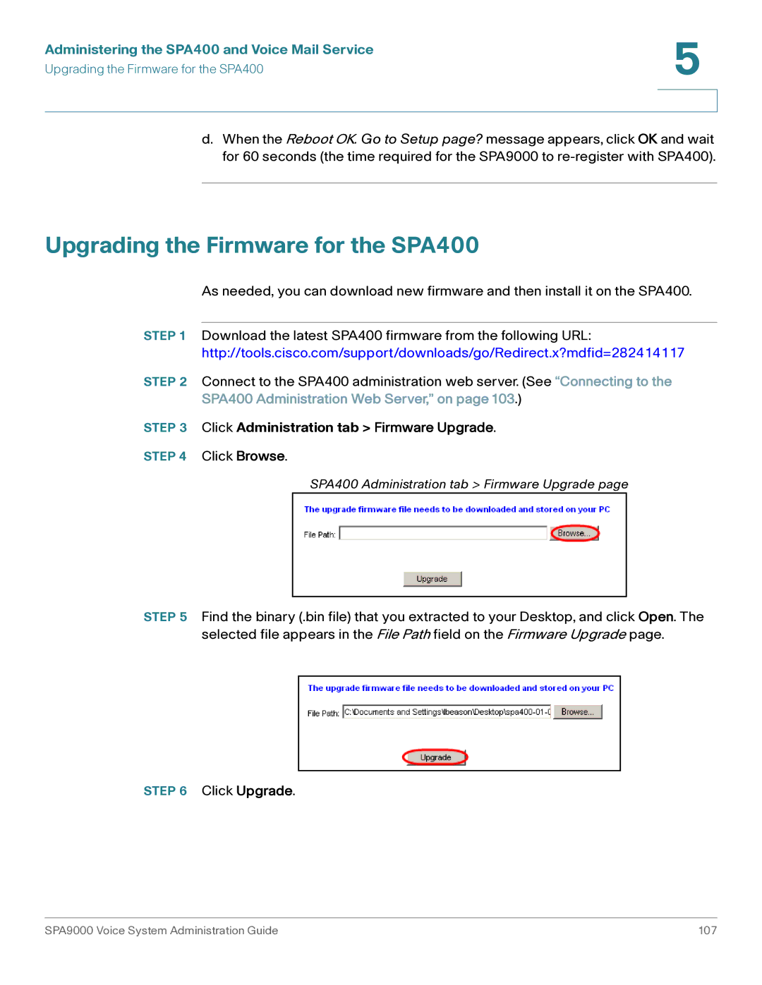 Cisco Systems SPA9000 manual Upgrading the Firmware for the SPA400, Click Administration tab Firmware Upgrade 