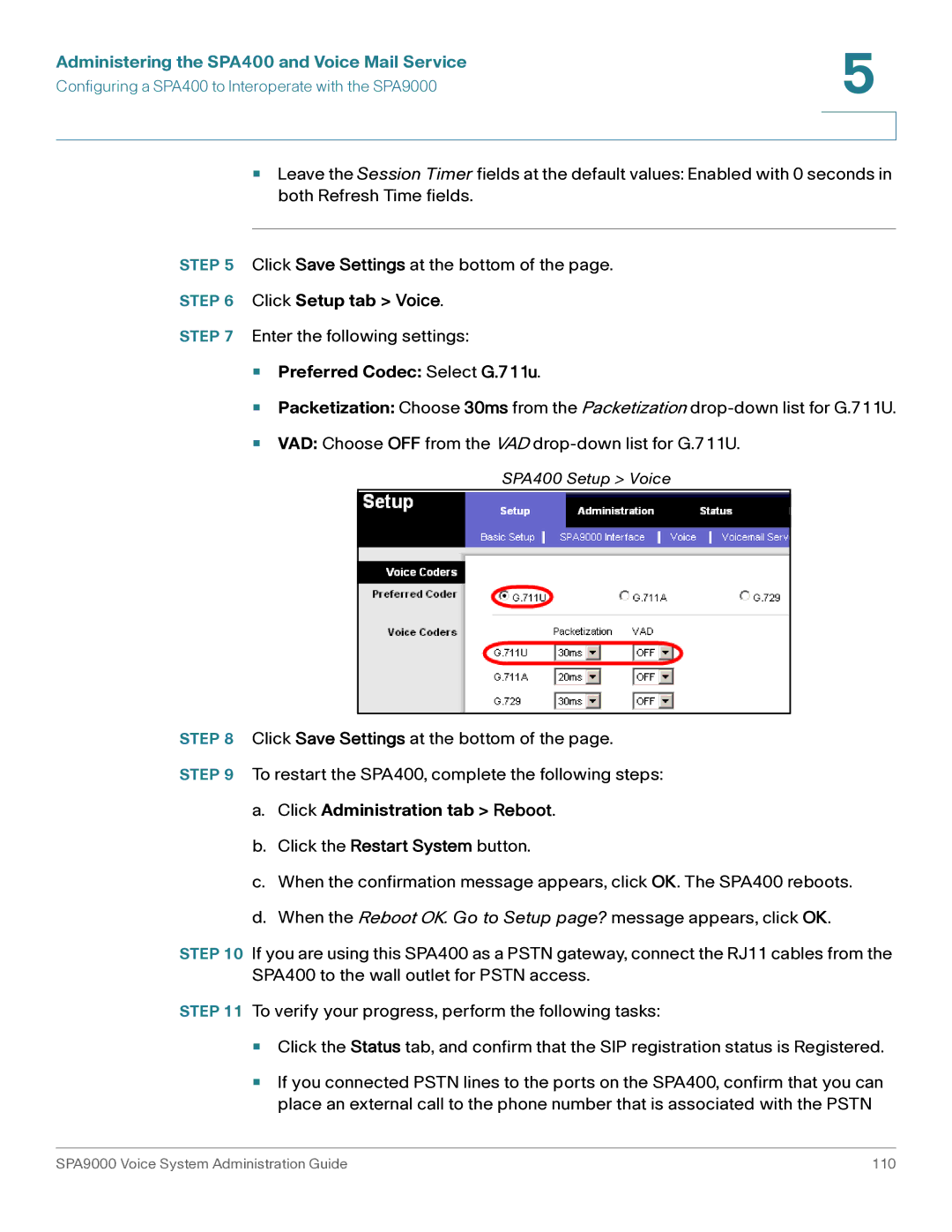 Cisco Systems SPA9000 manual Click Setup tab Voice, Preferred Codec Select G.711u 