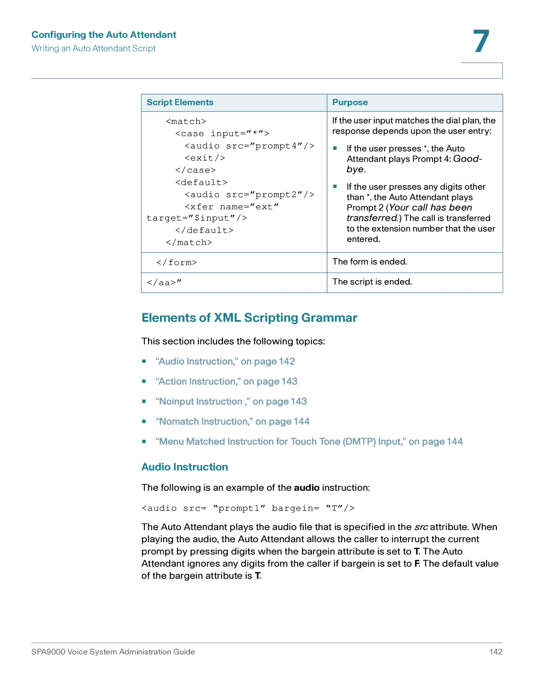 Cisco Systems SPA9000 manual Elements of XML Scripting Grammar, Audio Instruction 