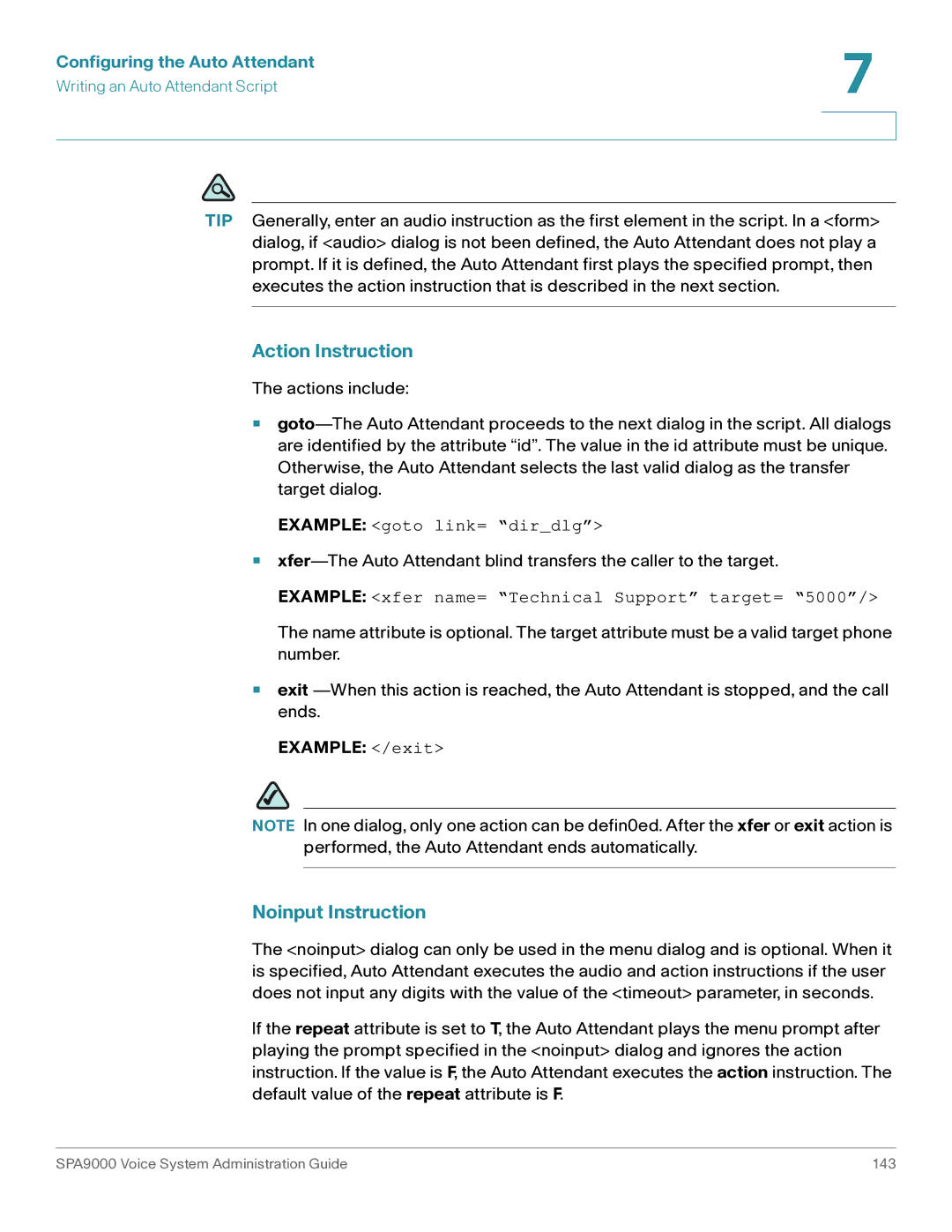 Cisco Systems SPA9000 manual Action Instruction, Noinput Instruction, Example goto link= dirdlg, Example /exit 