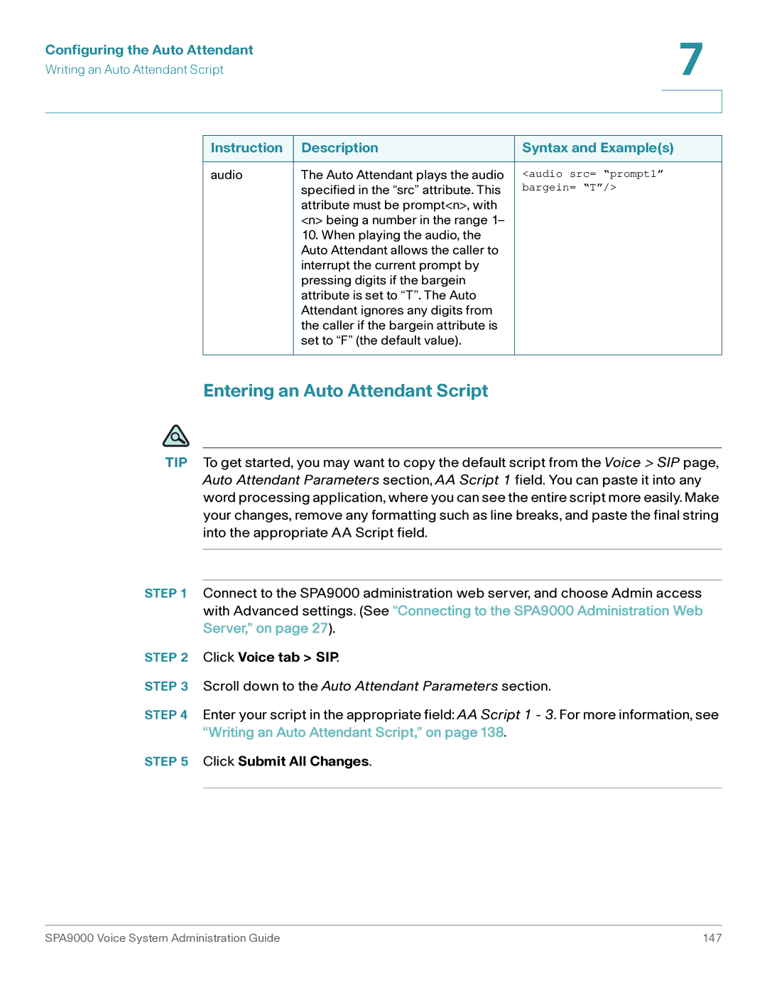 Cisco Systems SPA9000 manual Entering an Auto Attendant Script, Click Voice tab SIP 