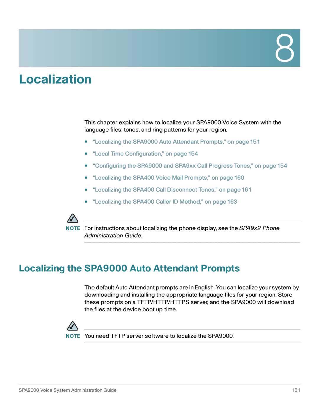 Cisco Systems manual Localization, Localizing the SPA9000 Auto Attendant Prompts 