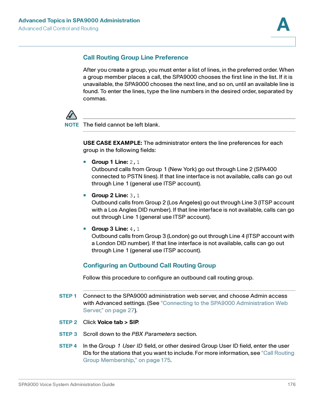 Cisco Systems SPA9000 Call Routing Group Line Preference, Configuring an Outbound Call Routing Group, Group 1 Line 2,1 