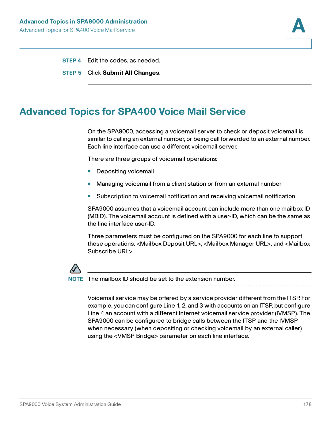 Cisco Systems SPA9000 manual Advanced Topics for SPA400 Voice Mail Service 