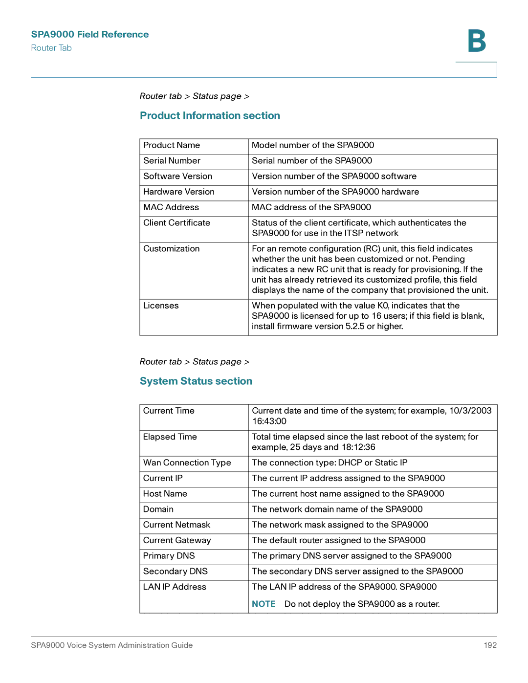 Cisco Systems manual Product Information section, System Status section, SPA9000 Field Reference 