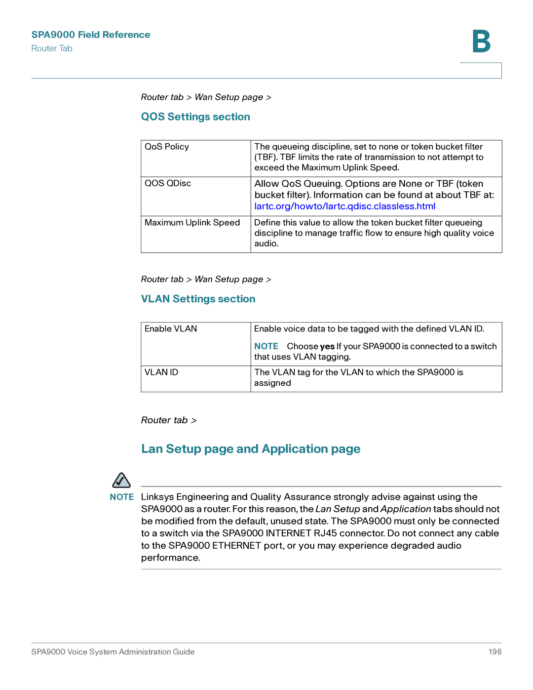 Cisco Systems SPA9000 manual Lan Setup page and Application, QOS Settings section, Vlan Settings section 