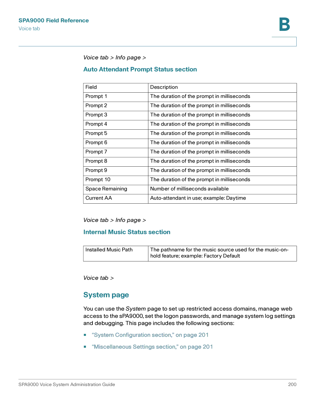 Cisco Systems SPA9000 manual System, Auto Attendant Prompt Status section, Internal Music Status section 