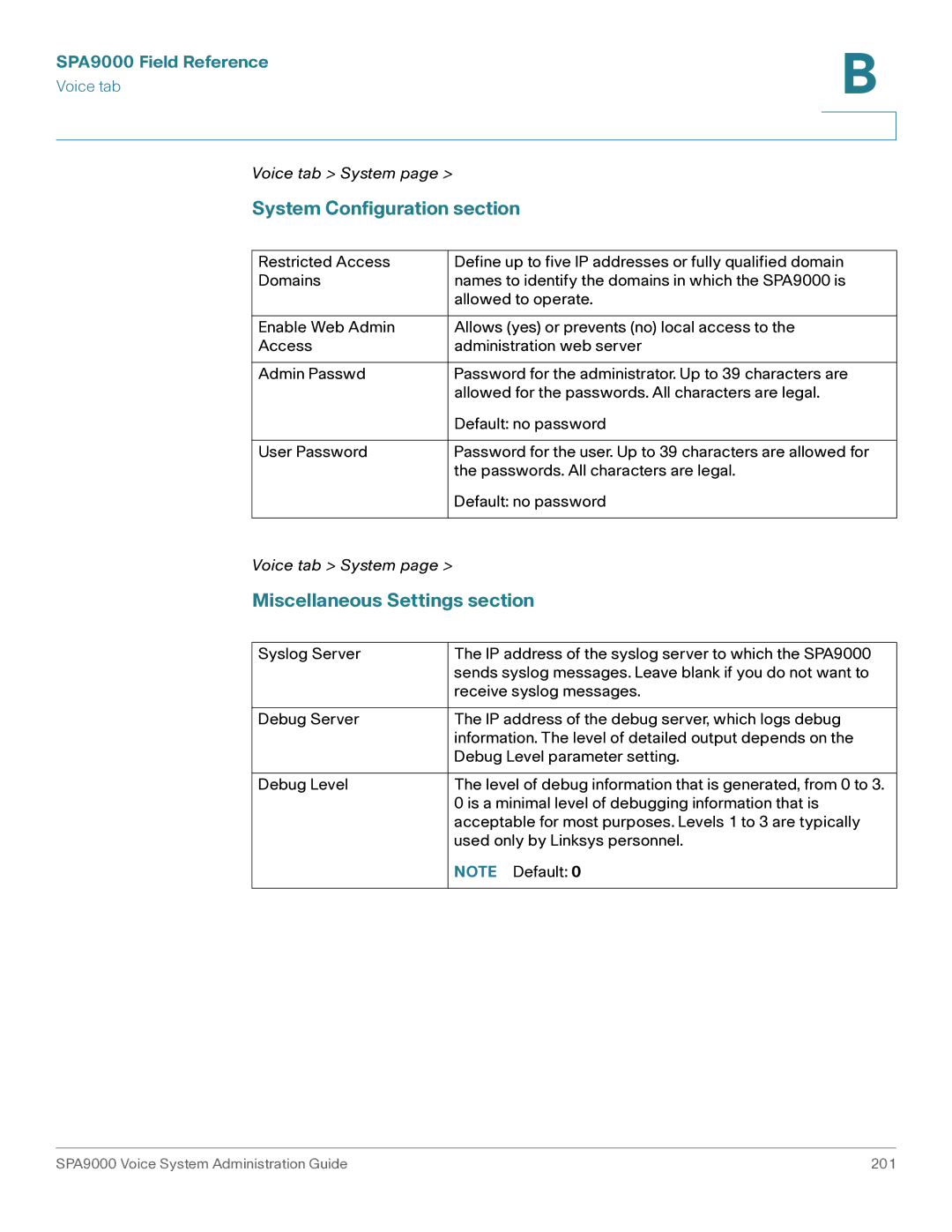 Cisco Systems SPA9000 manual System Configuration section, Miscellaneous Settings section 