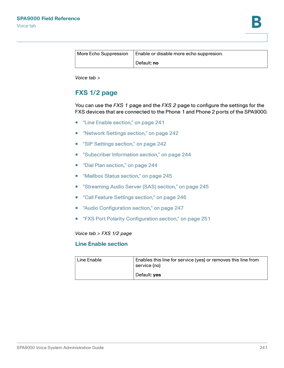 Cisco Systems SPA9000 manual FXS 1/2, Line Enable section 