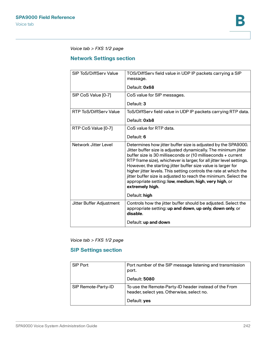 Cisco Systems SPA9000 manual Network Settings section, SIP Settings section, Extremely high, Disable, Default up and down 