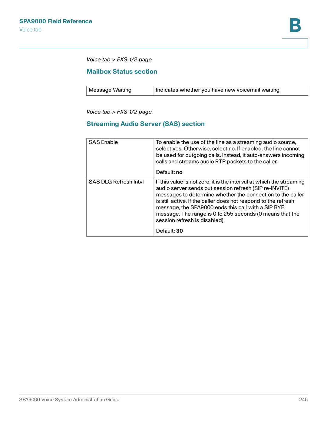 Cisco Systems SPA9000 manual Mailbox Status section, Streaming Audio Server SAS section 