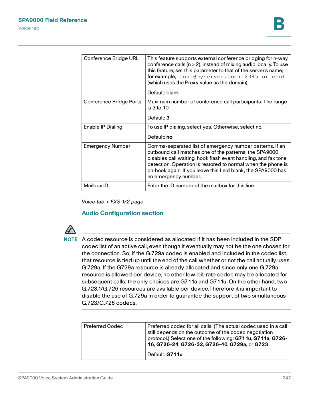 Cisco Systems SPA9000 manual Audio Configuration section, For example, conf@myserver.com12345 or conf 