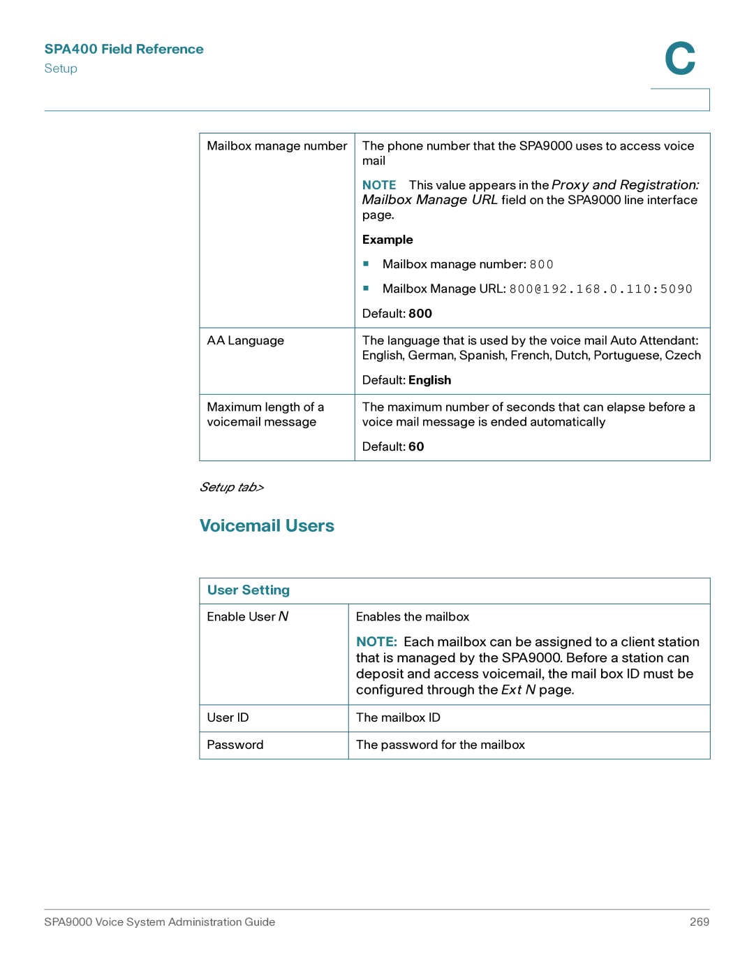 Cisco Systems SPA9000 manual Voicemail Users, Mailbox Manage URL 800@192.168.0.1105090, User Setting 